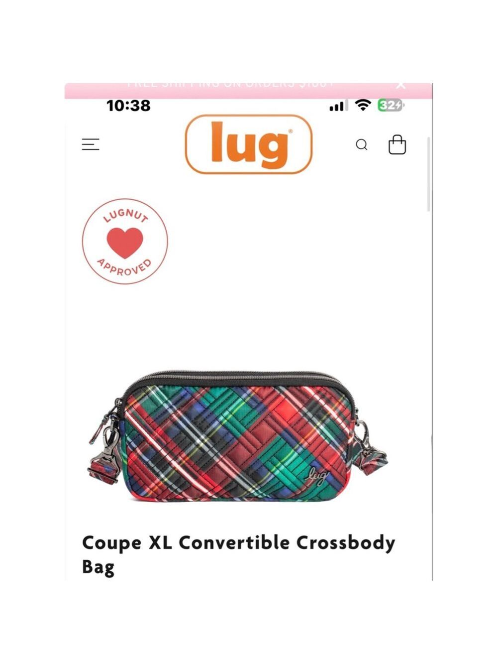 NWT Lug Coupe XL Convertible Crossbody Bag Tartan Red Green Plaid